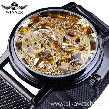 Top Brand Winner Thin Case Full Golden Watch Openwork Clock Mesh Band Men's Mechanical Watches Luminous Hands Relogio Masculino